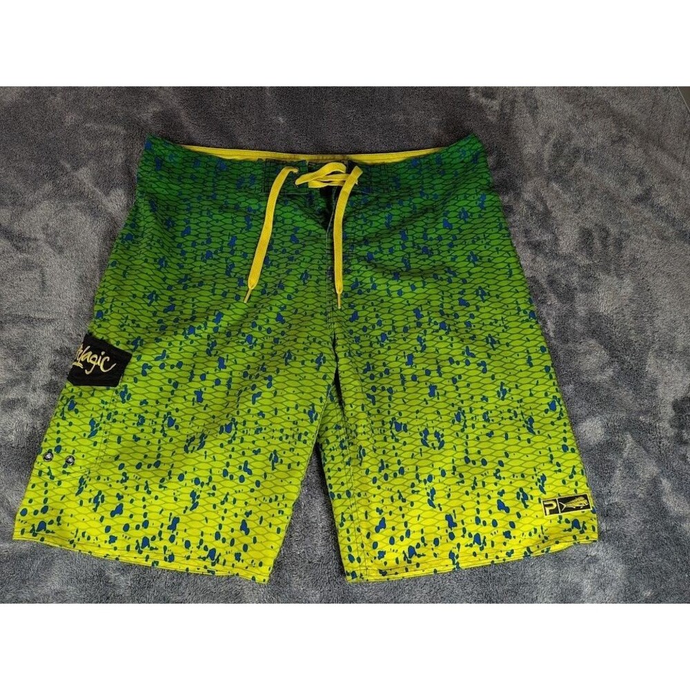 Pelagic Board Shorts Mens 36 Dorado Swim Trunks Green Yellow Neon Fishing Mahi